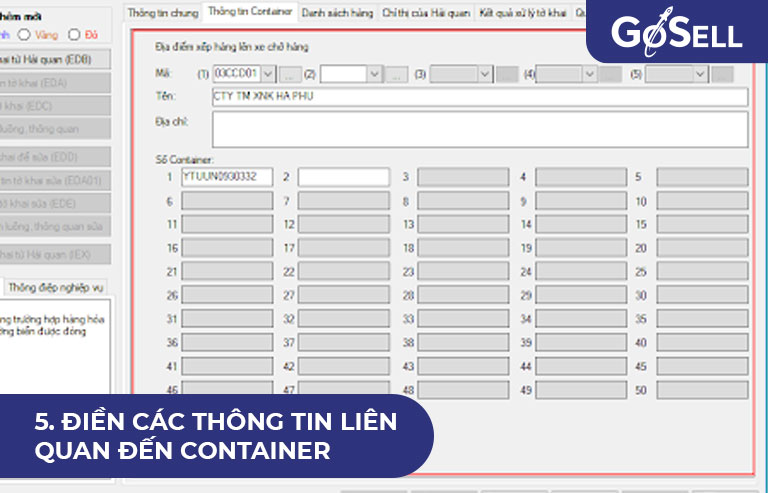 Điền các thông tin liên quan đến container